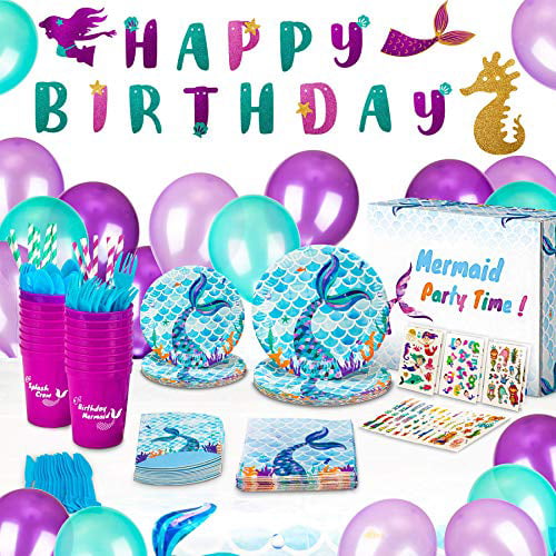 Mermaid 1st Birthday Decorations Purple Teal Happy One Birthday Balloons for Baby Girl First Party Supplies with Photo Banner 